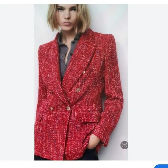 ZARA Red Double Breasted Textured Weave/Tweed S
